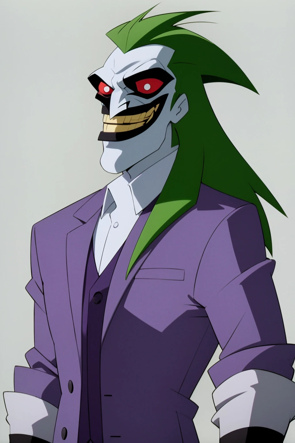masterpiece, best quality, jeffmatsuda, 1boy, joker, green hair, long hair, red eyes, fingerless gloves, open clothes, purple jacket, shirt, looking at viewer, grin, solo, simple background <lora:JeffMatsuda:1>