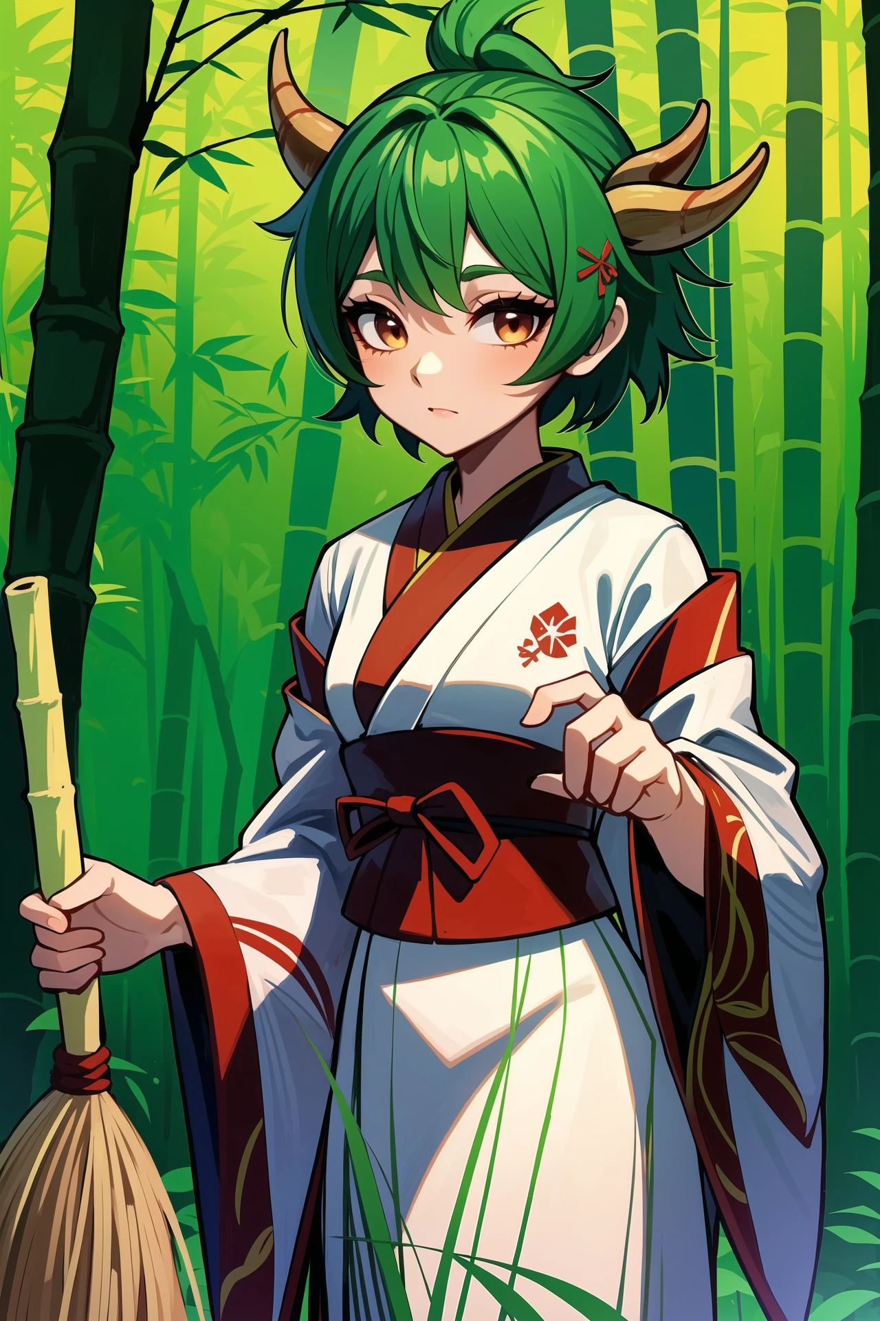 deer girl,ribbon-trimmed sleeves,bamboo,looking at viewer,standing,red eyeshadow,holding broom,eyeshadow,forest,shiraisado cochi,ribbon trim,nintendo,highres,bow,white kimono,nature,horns,shino \(animal crossing\),makeup,bamboo forest