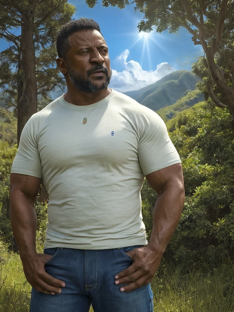 A photorealistic illustration of a muscular, medium-built Caribbean man in his early 50s, side view wearing white T-shirt and blue jeans kneeling on an open book. He prays with clasped hands, gazing toward an open cloud in the heavens. The cloud is glowing with a soft light, and a beam of rays shines down on the man's face. The book is large and old, with faded letters on the cover. The background is a serene landscape of green hills and blue sky. The scene conveys a sense of spirituality, strength, and connection to wisdom in a visually compelling manner.<lora:Volodymyr_Zelenskyi:1> Zelenskyy
