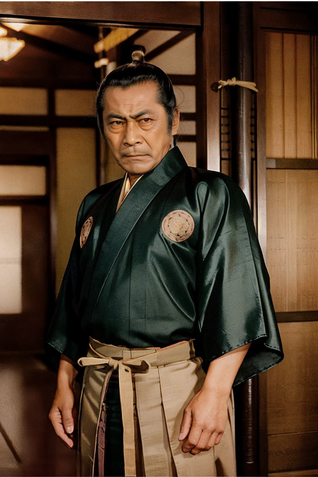 cinematic photo professional photography
<lora:ToshiroMifune_SD15_v1.0a:1>
Toshiro Mifune man,
detailed face, detailed eyes,
Topknot hair,
Regal and commanding expression,
silk kimono, Samurai yoroi hitatare,
Regal Hakama, Waraji (straw sandals), Katana (ceremonial sword) in saya (sheath).
perfect lighting, rule of thirds . 35mm photograph, film, bokeh, professional, 4k, highly detailed