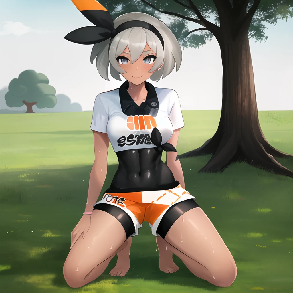 masterpiece, best quality, highly detailed, 1girl, solo, <lora:bea_pokemon-08:1> (bea_pokemon:1.3),
grey hair, grey eyes, hairband, black hairband, dark skin, dark-skinned female, shirt, short sleeves, bodysuit, black bodysuit, shorts, bodysuit under clothes,
kneeling, tree, grass, park, barefoot, sweat, seductive smile