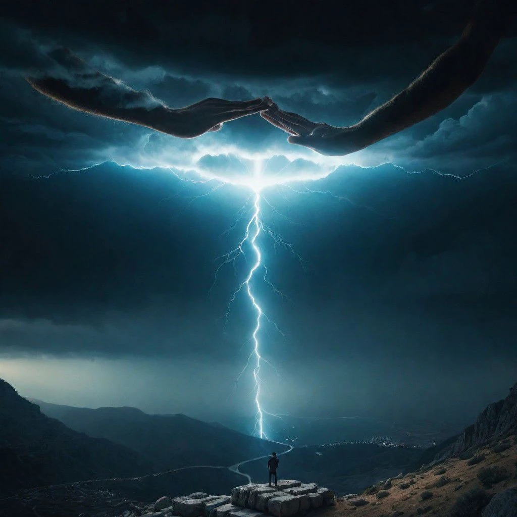 Giant godly Hands coming from above, Zeus hands coming from top, Out of a DARK Thunder Cloud, Shooting flashes to the peoples below. 
