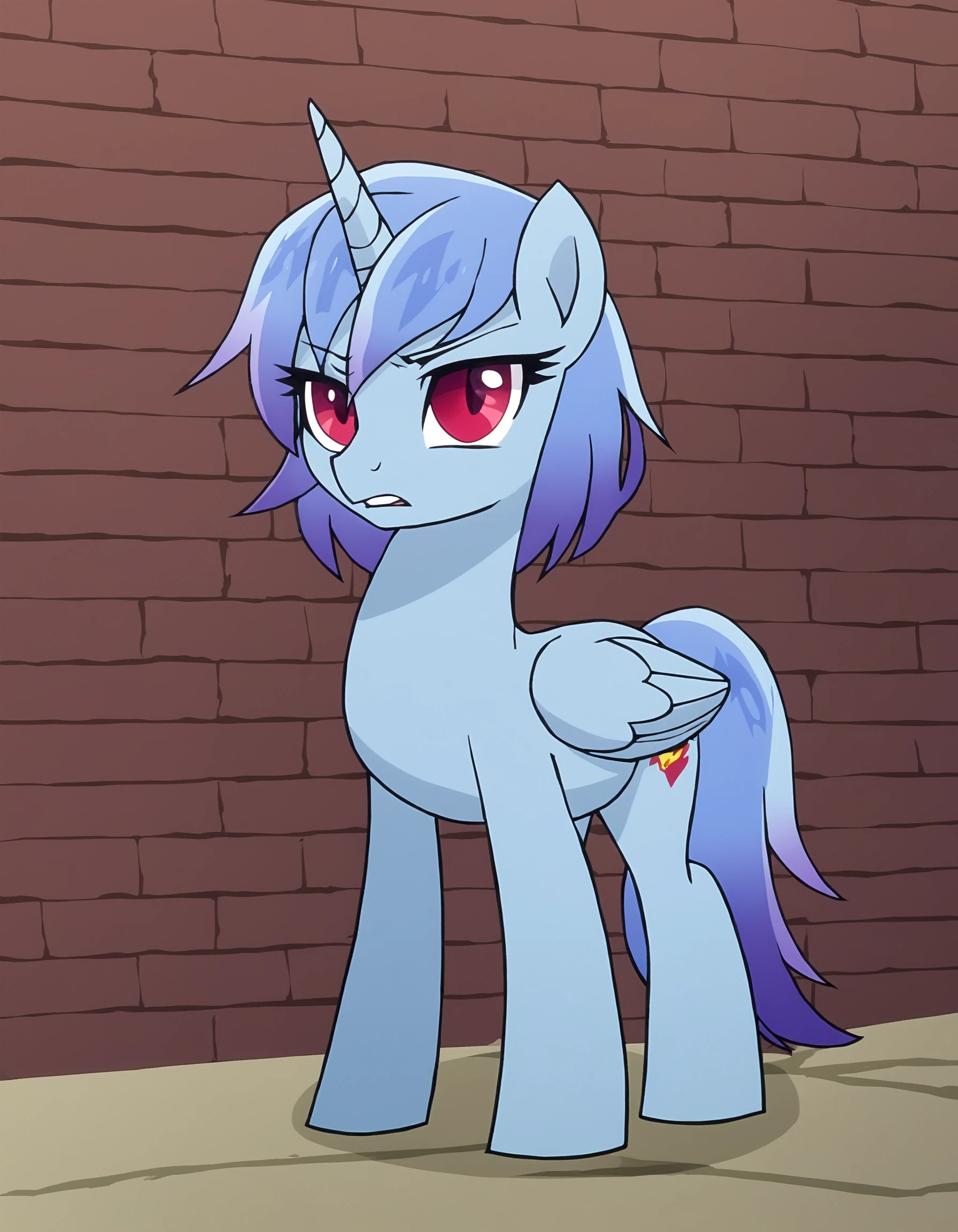 score_9, score_8_up, score_7_up, score_6_up, score_5_up, score_4_up, movie accurate, vector, flat colors BREAK
rutiragnason, red eyes, feral pony, alicorn, corrupted, brainwashed, evil BREAK <lora:ruti-ponyxl-1-000008:0.8>
indoors, blue wall, brick wall, iron bars, dungeon