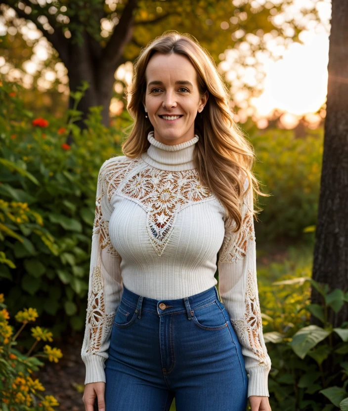 <t3b1p0>,   1girl, upper body, nature, outdoor, Colorful flowers, undergrowth, warm light, sunset, breast, smile, intricate, (detailed eyes), Jeans, shirt, turtleneck