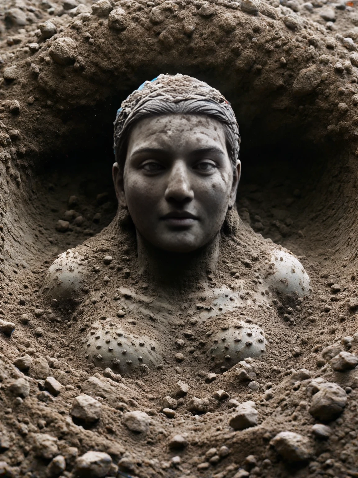 Archaeologists uncovering a ais-buriedz ancient statue, excitement in their eyes, dust flying around as they dig <lora:Buried_Style_SDXL:1>