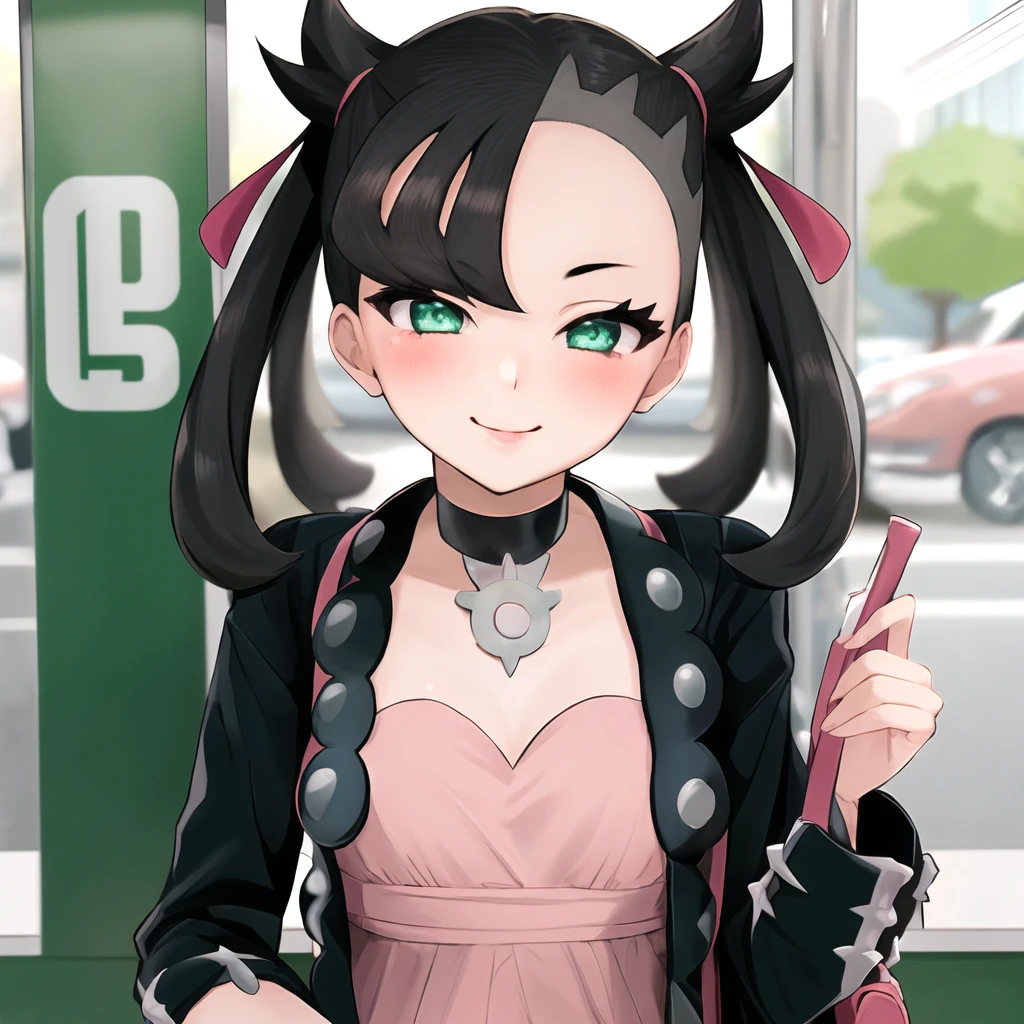 masterpiece, best quality, highly detailed, 1girl, solo, <lora:marnie_pokemon-08:1> (marnie_pokemon:1.3),
black hair, asymmetrical bangs, hair ribbon, green eyes, (seductive smile:1.4), small breasts, choker, collar, blush,
marnie_default, dress, pink dress, jacket, black jacket
sitting, (subway:1.3), handbag