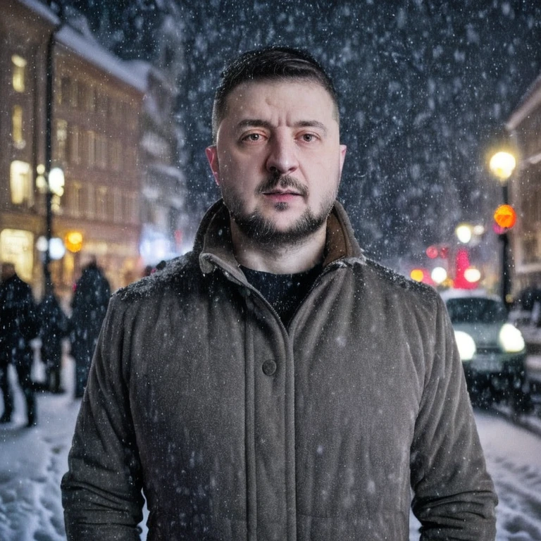 portrait of russian guy, russian panel houses, street, winter, hdr, rtxseries, masterpiece, best quality, (ultra-detailed:1.2), 8k, photorealistic , dark, depression, grey colors,, night lighting, soviet, snow, <lora:Volodymyr_Zelenskyi-10:1>