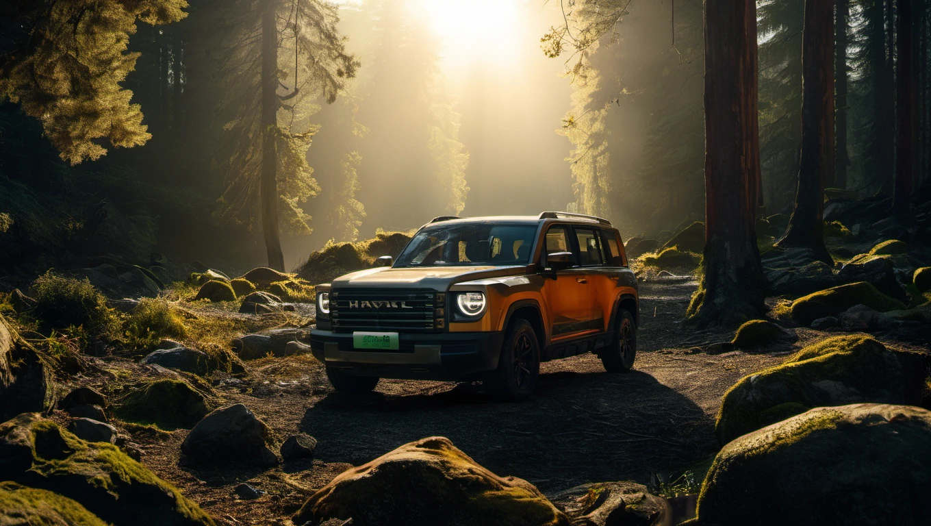 the close-up of menglong b26 in the front-end view is in the middle of trees by sunrise, in the style of peter coulson, uhd image, 8k, orange, realistic landscape paintings, wilderness, taiyÅ matsumoto, photo, realistic <lora:sdxl_menglong_b26_9_16:0.8>