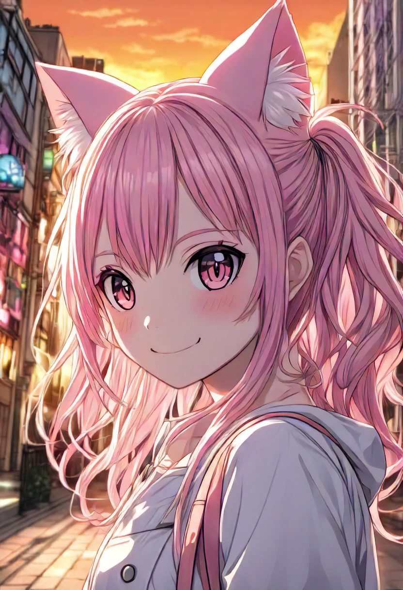 closeup, anime girl, happy face, pink hair, cat ears, city street background, sunset