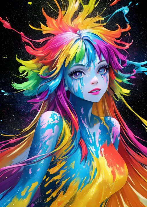 Style-PaintMagic, photo of a beautiful goth girl with thick flowing (liquid paint rainbow hair:1.1) made of paint and defies gravity, space background, highly detailed, intricate, amazing, trending, paint splatter, paint drops