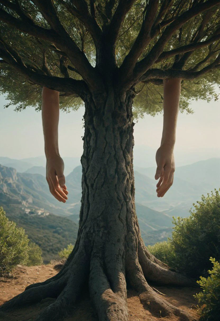 Giant godly hairy Hands coming from above, very hairy hands coming from top, Out of a Large Green tree, trying to Touch people below. 
a medieval greece landscape, photorealistic