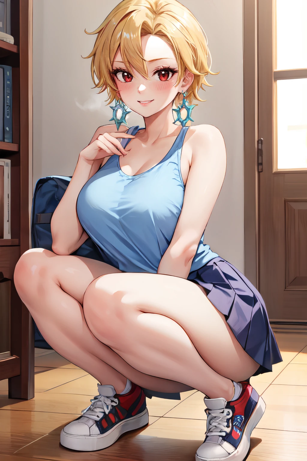 Best Quality, Masterpiece:1.4), (Absurdres:1.2), 1 girl, Solo, erasa, blonde hair, blue eyes, gold earrings, gold bracelets, cleavage, small breasts, black dress, strapless black tube dress, black high heels, sitting on a couch, bare neck, indoor room, smile, looking at viewer, from below, full body