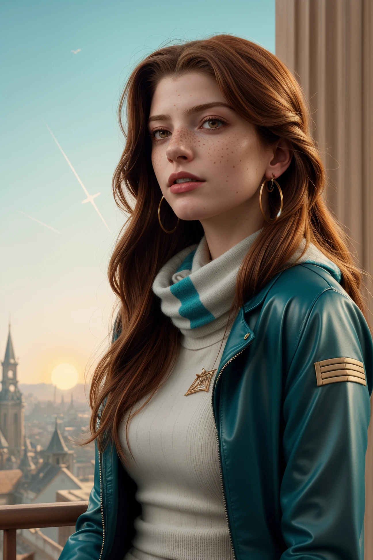 H4nn4hSt3in, with some freckles, long flowing brown hair, closeup portrait, Retro-futuristic portrait, woman gazing skyward, large reflective sunglasses with blue tint, reflecting surreal sky, elegant brown vintage jacket, fitted, teal scarf, pinned blue flower, sharp red lipstick, large hoop earrings paired with a delicate drop earring, abstract concentric circles in warm sunset hues, stylized vinyl record background, classic European architecture below, detailed, hdr, epic background, line art, digital illustration, comic style, dynamic, highly detailed, artstation, concept art, smooth, sharp focus, illustration, Thomas Moran style, art by Carne Griffiths and Wadim Kashin, detailed background, 60-30-10 color rule, warm tones, godrays, unreal engine, greg rutkowski, loish, rhads, beeple, makoto shinkai and lois van baarle, ilya kuvshinov, rossdraws, tom bagshaw, alphonse mucha, global illumination, detailed and intricate environment <lora:more_details:0.25> <lyco:GoodHands-beta2:1.0>