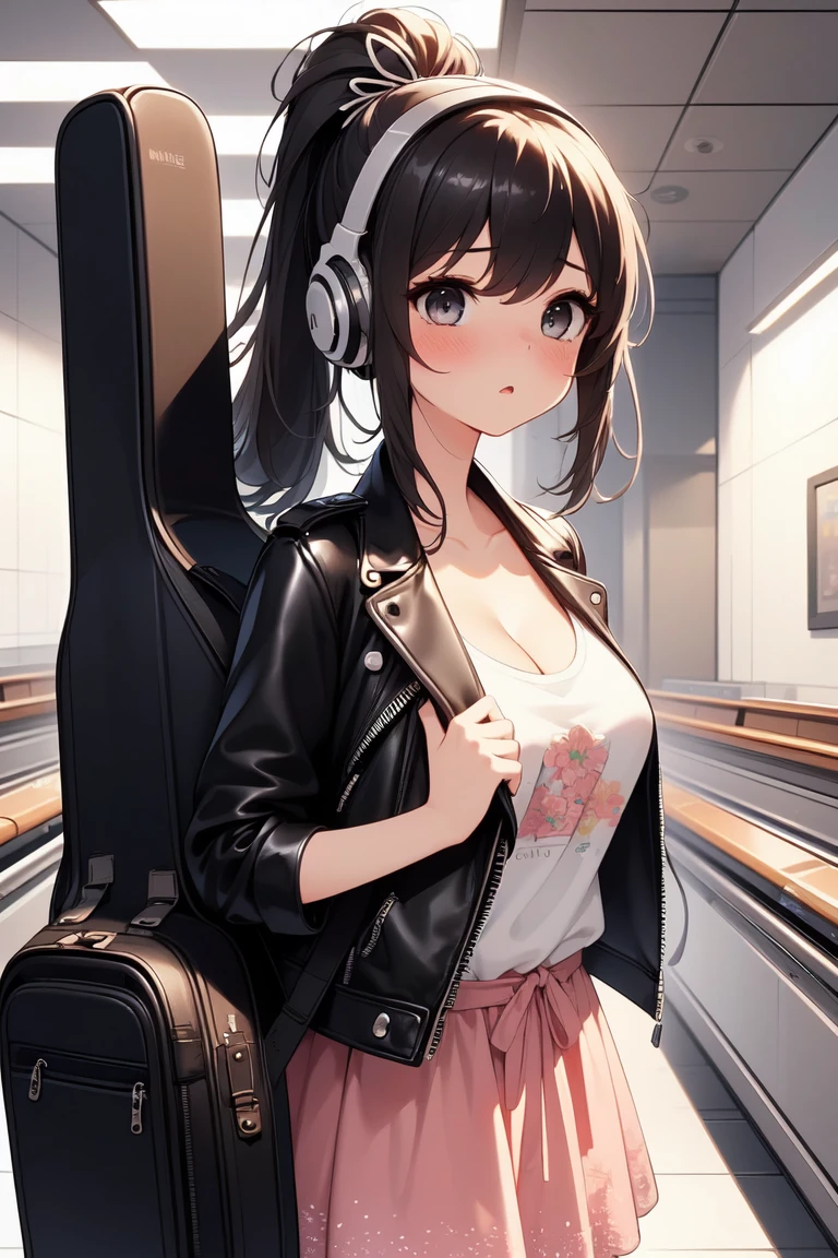 (((masterpiece))), (((best quality))), (((escalator))), (carrying a guitar case on behind:1.15), fashion pattern pink T-shirt, ((black leather jacket)), navigation sign, 1girl, walking, headphones, ribbon, brown ponytail, collarbone, cleavage, (big tits), skirt, sweat, shy. blush, slim figure, thin waist, exit, <lora:girllikeguitarcase:1>, (((masterpiece))), (((best quality))), (((half body photo))), solo, 1girl, longhair, cleavage, big tits,