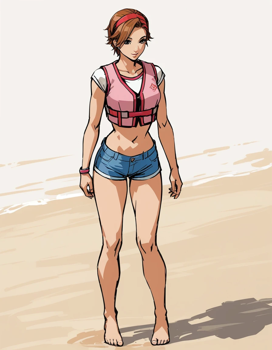 1girl,akarih1080,very short hair,Crop Top,Red Headband, Vest, Denim Shorts,Short Shorts,on beach,barefoot,full body,standing,front shot,straight on,by cuboon, <lora:AkariHXL:0.8>