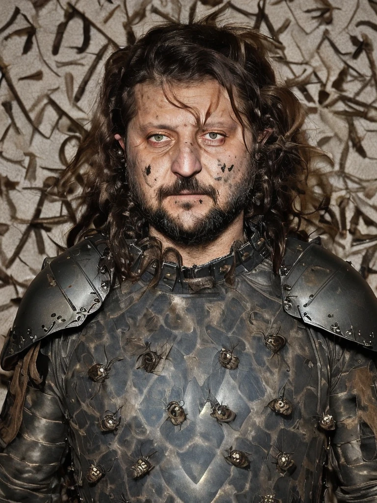 Bugs under a mans skin, holes on his body. ((mediaval letter armored dress)), scary, bugs eating him, (((messy hair, scared long hair))), beard <lora:Volodymyr_Zelenskyi:1> Zelenskyy