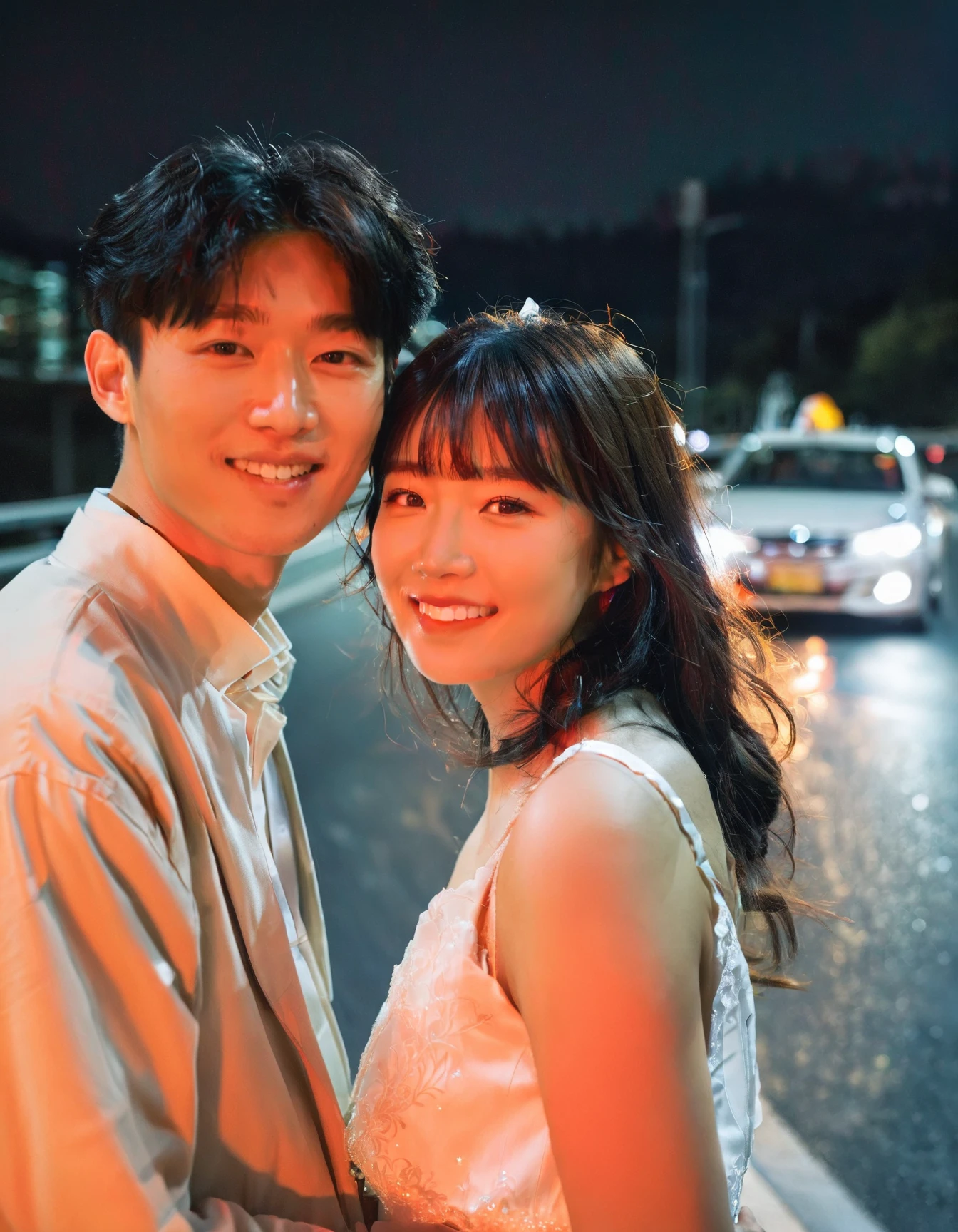 a couple,soft focus,asian,close ups,smile,charming eyes,wearing wedding attire,the background is the road,soft lighting,dynamic capture,night,orange long upper shan,nikon shooting,portrait close-up,