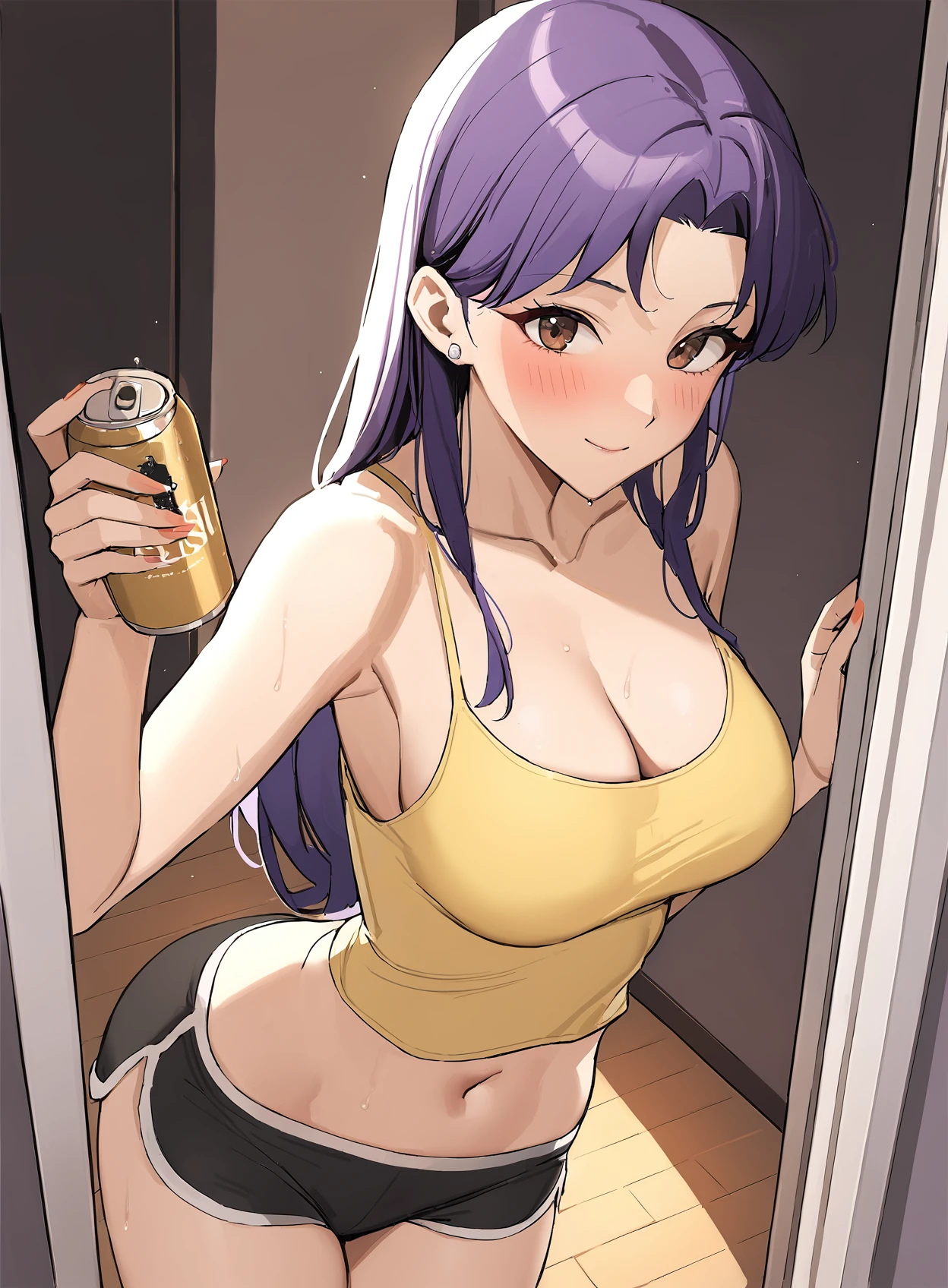 <lora:CSR:0.0>,<lora:MisatoAnimagine12:0.8>,Misato, collarbone, short shorts, opening door, long hair, smile, brown eyes, dolphin shorts, beer can, navel, alcohol, standing, earrings, wooden floor, drunk, large breasts, bare arms, katsuragi misato, parted bangs, closed mouth, jewelry, thighs, 1girl, yellow shirt, cleavage, purple hair, blush, open door, crop top, looking at viewer, doorway, black shorts, holding can, bare shoulders, camisole, indoors, midriff, yellow tank top,best quality, masterpiece,