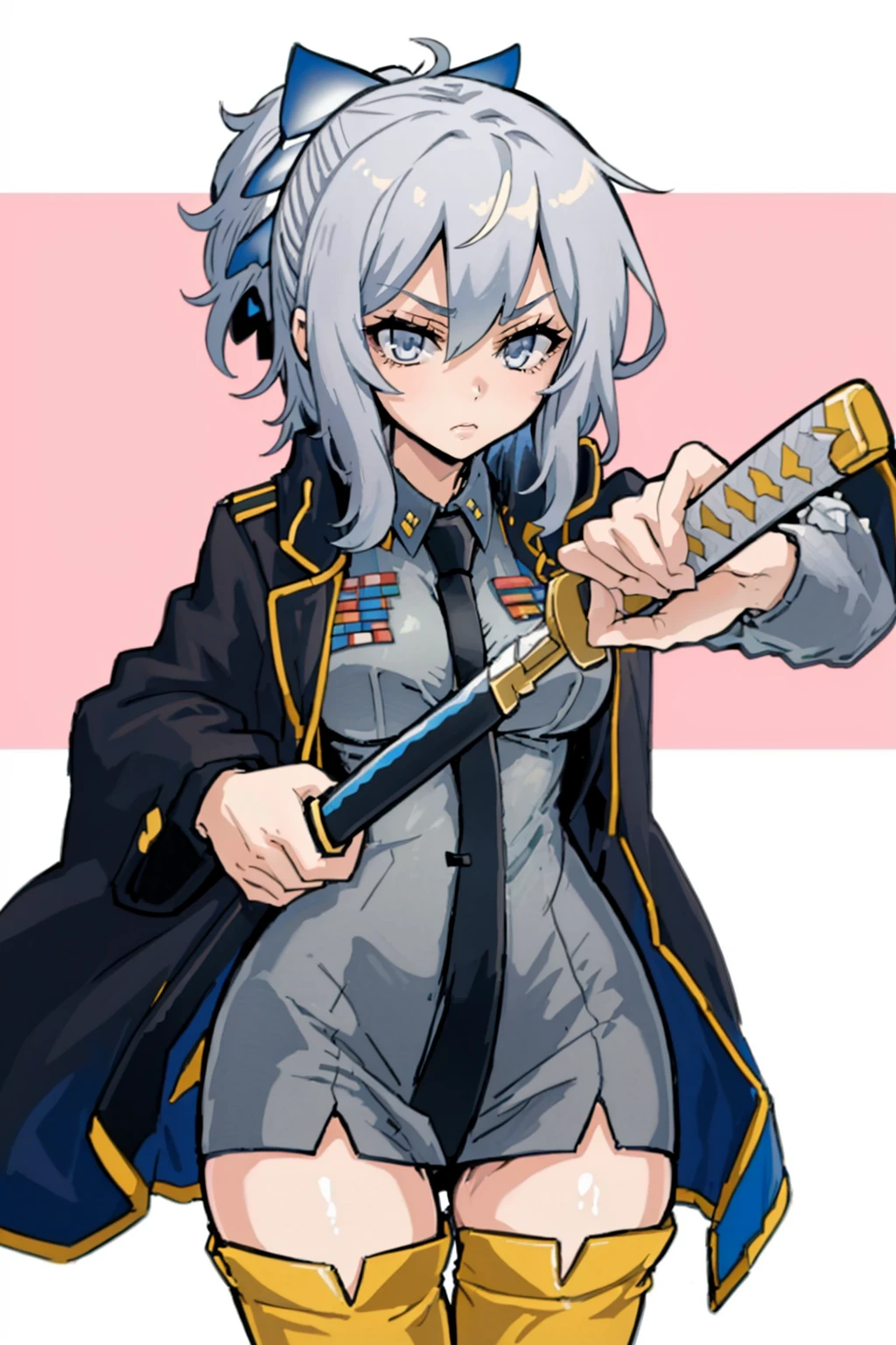 masterpiece, best quality, solo, 1girl, <lora:Miyako_Fp:1>, miyakodesu2, uniform, hair bow, thighhighs, shirt, necktie, jacket, <lora:ChihiroUnsheathingAKatanaMeme:1>, IncrsUnsheathingAKatanaMeme, sheath, holding sheath,