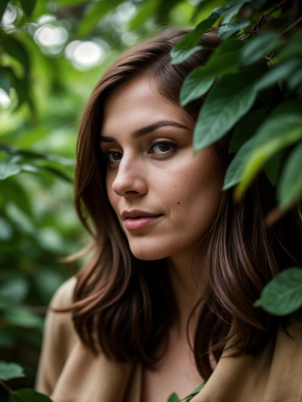 a woman hidden among the leaves, ,(Ultra quality),  (highest quality),  (canon eos),  f1.8,  (8K UHD),  (ultra-detailed),,  (photography:1.2), (highres:0.3)