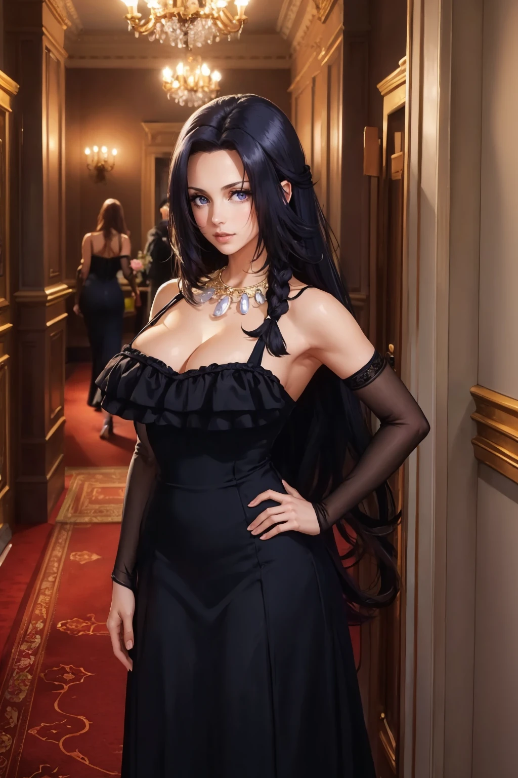 masterpiece, best quality, <lora:gamma-nvwls-v1-000009:0.9> gamma, necklace, very long hair, black dress, cleavage, long dress, detached sleeves, mansion, hallway, red carpet, large breasts, hand on hip, mansion, looking at viewer