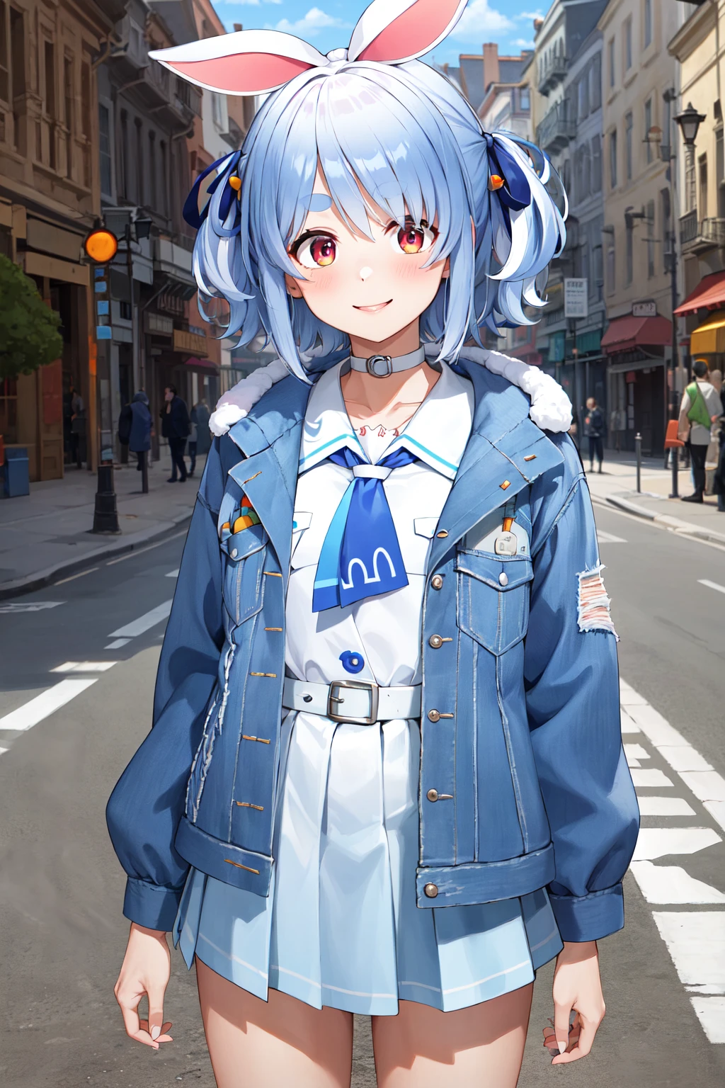 masterpiece, best quality, highres, eepekora, blue jacket, white skirt, <lora:usada_pekora_v1:0.9>, standing, cowboy shot, street, smile,