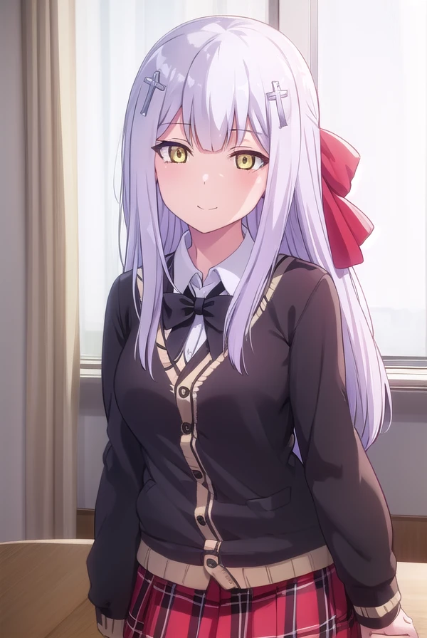 raphielshirahaainsworth, <lora:raphiel shiraha ainsworth s1-lora-nochekaiser:1>,
raphiel shiraha ainsworth, long hair, ahoge, white hair, hair ornament, cross hair ornament, (yellow eyes:1.3), smile, smug,
BREAK skirt, school uniform, shoes, socks, plaid, kneehighs, plaid skirt, cardigan, black socks, loafers, bow, black bow, bowtie, (white cardigan:1.2), red skirt,
BREAK indoors, classroom,
BREAK looking at viewer, (cowboy shot:1.5),
BREAK <lyco:GoodHands-beta2:1>, (masterpiece:1.2), best quality, high resolution, unity 8k wallpaper, (illustration:0.8), (beautiful detailed eyes:1.6), extremely detailed face, perfect lighting, extremely detailed CG, (perfect hands, perfect anatomy),