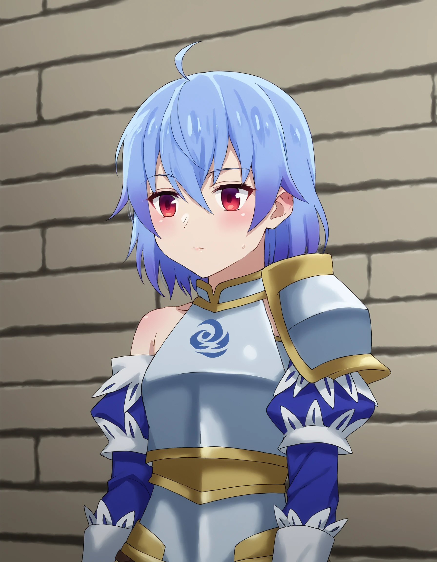 score_9, score_8_up, score_7_up, score_6_up, score_5_up, score_4_up, by aki99 BREAK
rutiragnason, red eyes, breastplate, armored dress, single pauldron, detached sleeves, BREAK <lora:ruti-ponyxl-1-000008:0.8>
indoors, blue wall, brick wall, prison cell, dungeon <lora:aki99_pony_v3-000012:0.8>