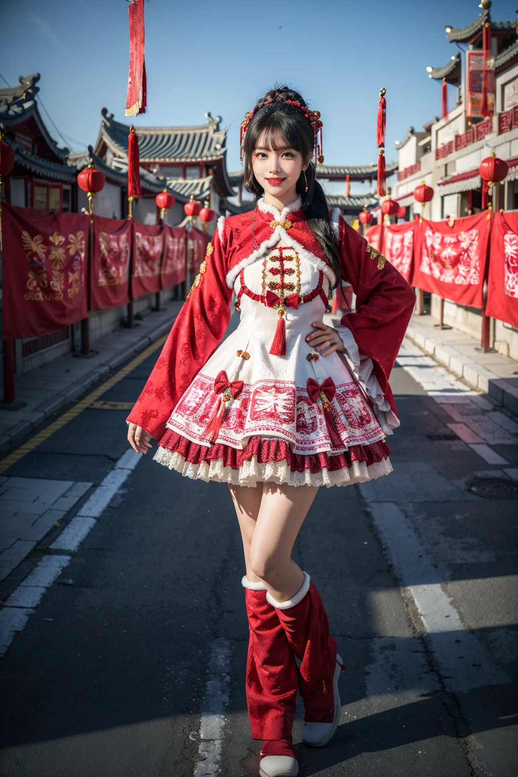 best quality, masterpiece, realistic, photorealistic, 1girl, solo, looking at viewer, light smile, full body, standing, long hair, black hair, bangs, cyb dress, chinese clothes, long sleeves, capelet, frills, frilled dress, wide sleeves, white knee boots, chinese town, ancient chinese building, chinese street, people, chinese new year, chinese lantern, spring festival, <lora:chinese_new_year_dress_style3_v3:0.7>
