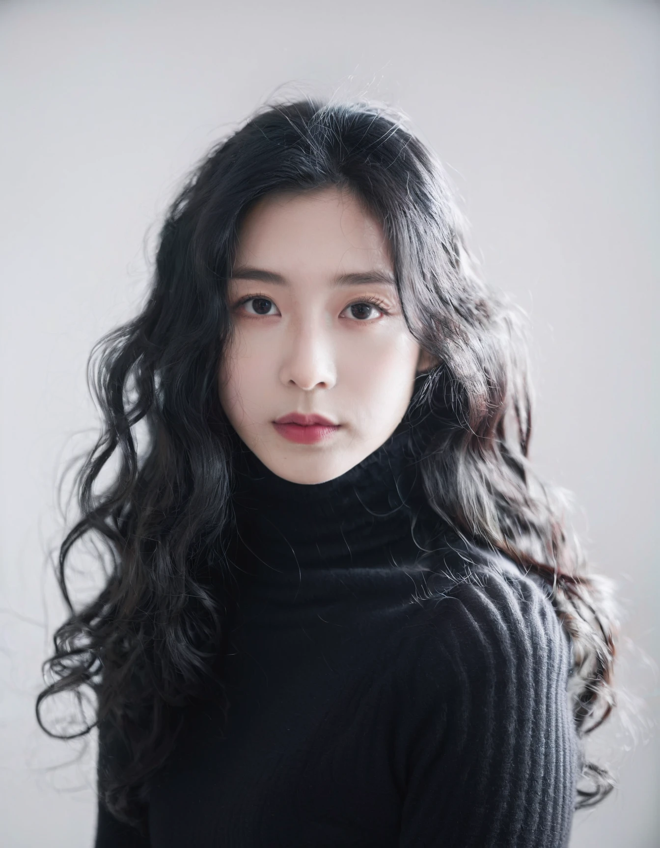 an woman,clean skin,wearing a black turtleneck sweater,soft hair,black long curly hair,looking at the camera,