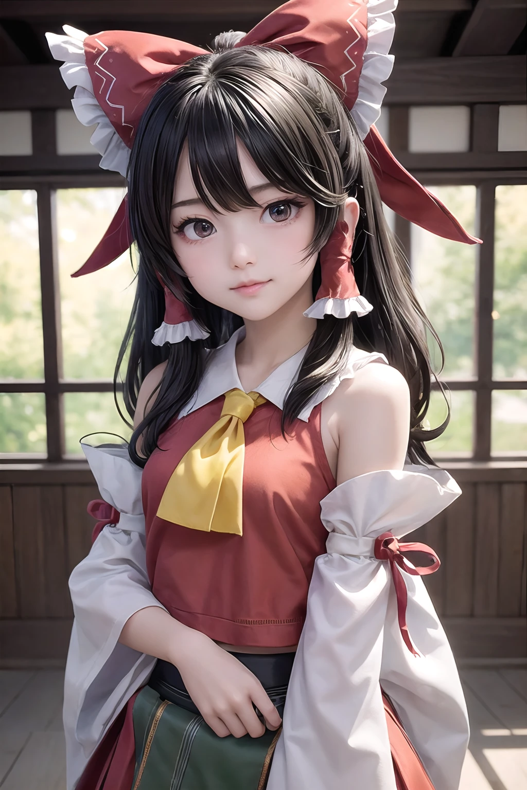 1girl, upper body,medium breasts,depth of field,indoors,  <lora:reimu:0.5> hakurei reimu,black hair,hair bow,hair tubes,yellow ascot,miko,detached sleeves,bare shoulders,red shirt,red skirt,