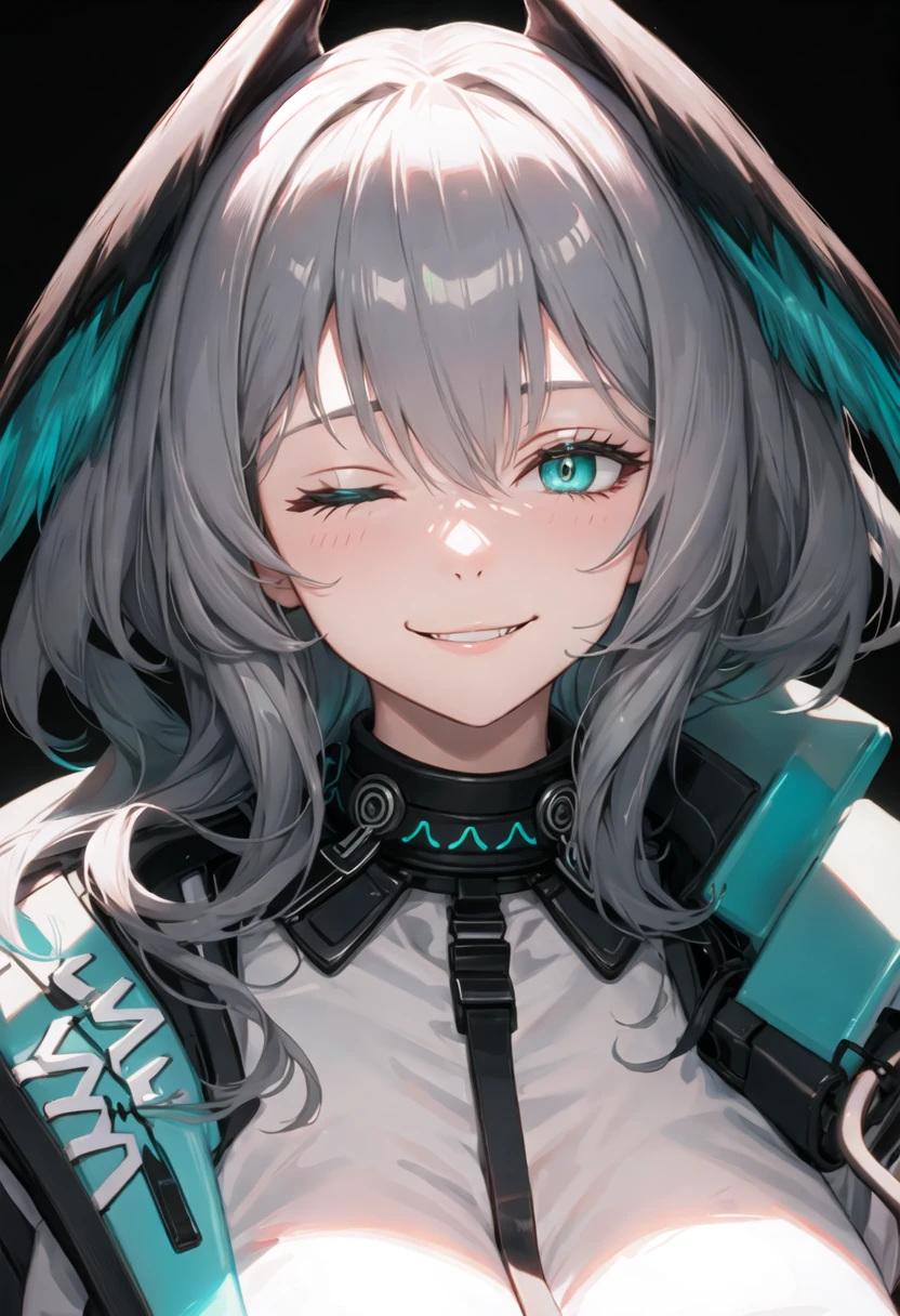 best quality, masterpiece, highres, solo, {ho_olheyak_arknights:0.90}, smile, happy, one_eye_closed, portrait, looking at viewer, (PINK EYES) 