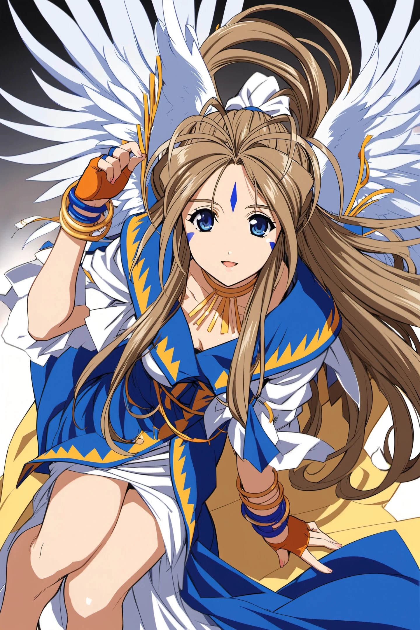 Belldandy,1girl, solo, long hair, jewelry, wings, brown hair, facial mark, gloves, forehead mark, bracelet, fingerless gloves, blue eyes, dress, white background, <lora:Kosuke Fujishima_XL:0.8>