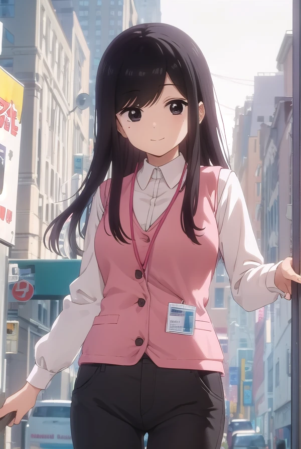 toukosakurai, <lora:touko sakurai s1-lora-nochekaiser:1>,
touko sakurai, black hair, (black eyes:1.5), sidelocks, medium hair, mole, mole under eye, (swept bangs:1.5), smile,
BREAK shirt, long sleeves, collared shirt, pants, vest, office lady, id card, lanyard, (pink vest:1.2),
BREAK indoors, office,
BREAK looking at viewer, (cowboy shot:1.5),
BREAK <lyco:GoodHands-beta2:1>, (masterpiece:1.2), best quality, high resolution, unity 8k wallpaper, (illustration:0.8), (beautiful detailed eyes:1.6), extremely detailed face, perfect lighting, extremely detailed CG, (perfect hands, perfect anatomy),