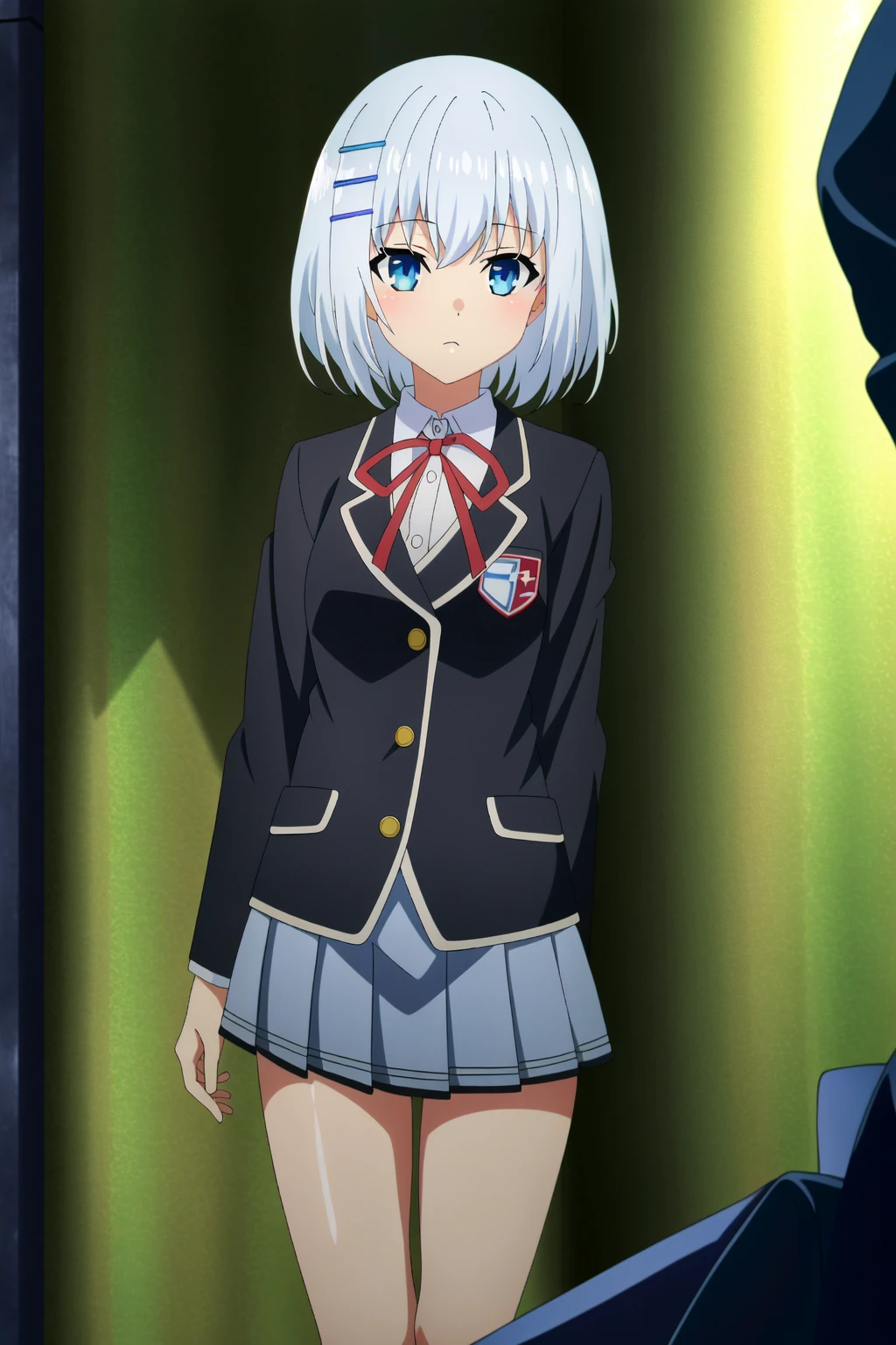 (extremely detailed CG unity 4k wallpaper),(masterpiece),(best quality),(ultra-detailed),(best illustration),(best shadow),(absurdres),(detailed background) <lora:OGT_Origami_Tobiichi-v1:1> Origami Tobiichi, 1girl, school uniform, solo, blue eyes, short hair, hair ornament, hairclip, jacket, black blazer, ribbon