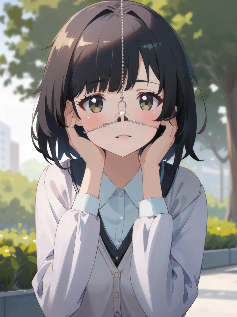 (masterpiece, best quality ultradetailed:1.2),(solo, 1girl:1),(short hair) (upper body:1) (outdoor)cheek<lora:3wayNOSEHOOKv1:1:1:lbw=0,0,0,0,0,0,0,0,1,1,1,1,0,0,0,0,0>school uniform,cardigan,(hands on front face:1.2)