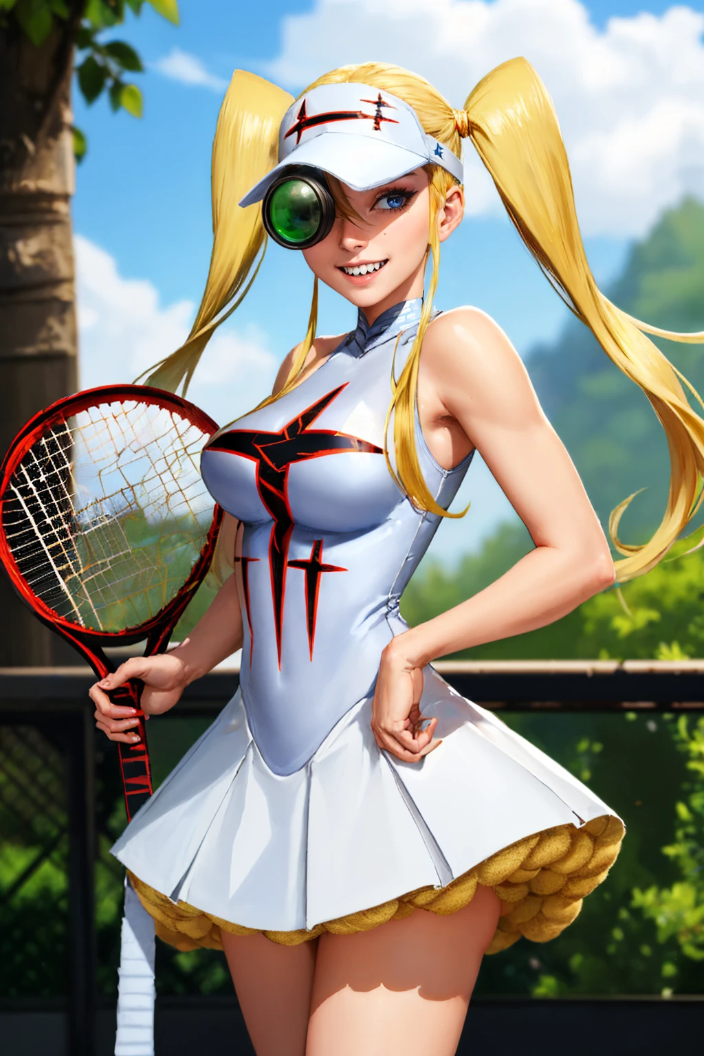 (masterpiece, best quality:1.2), solo, 1girl, hakodate omiko, sharp teeth, grin, looking at viewer, holding tennis racket, twintails, visor cap, scope, tennis uniform, dress, outdoors <lora:klk_hakodate_v11-10:1>