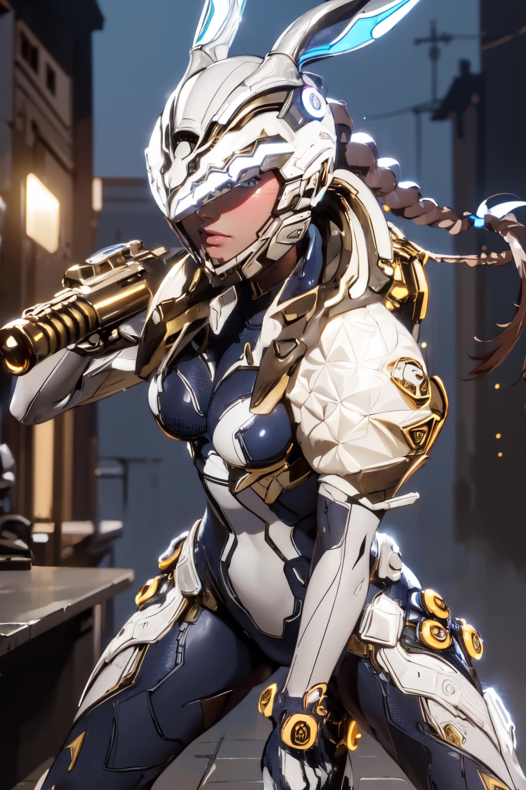 (a woman standing, holding a rifle, in ruins of a city, dynamic motion at night, dark, foggy,), beautiful eyes, beautiful girl, high detail skin, high detail eyes, high detail hair, highres, ultra detailed, sharpen picture, Highly detailed, masterpiece, best quality, photorealistic,
<lora:BunnyLoRA:1> 1girl, helmet, rabbit ears, ponytail, bodysuit, lightning, glowing, goldskin