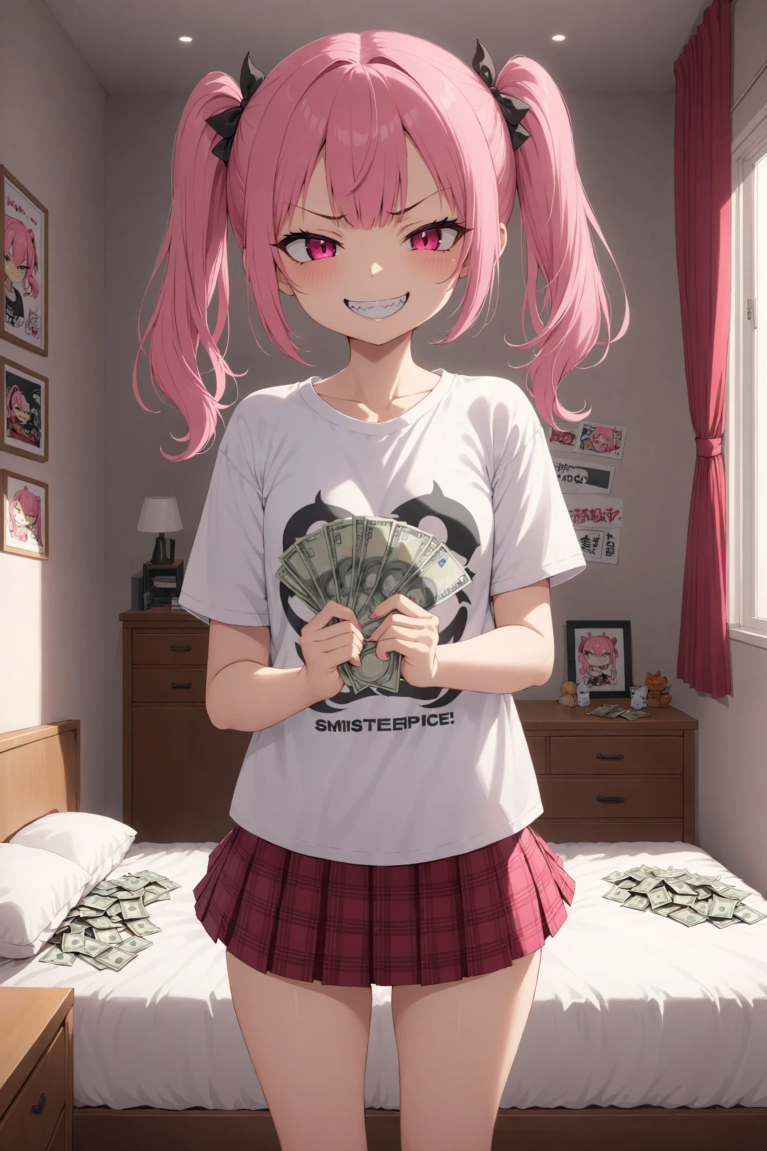 1girl, solo, cute, twintail, pink hair, evil grin, smirk, standing, holding money, bedroom, t-shirts, skirt, masterpiece, best quality