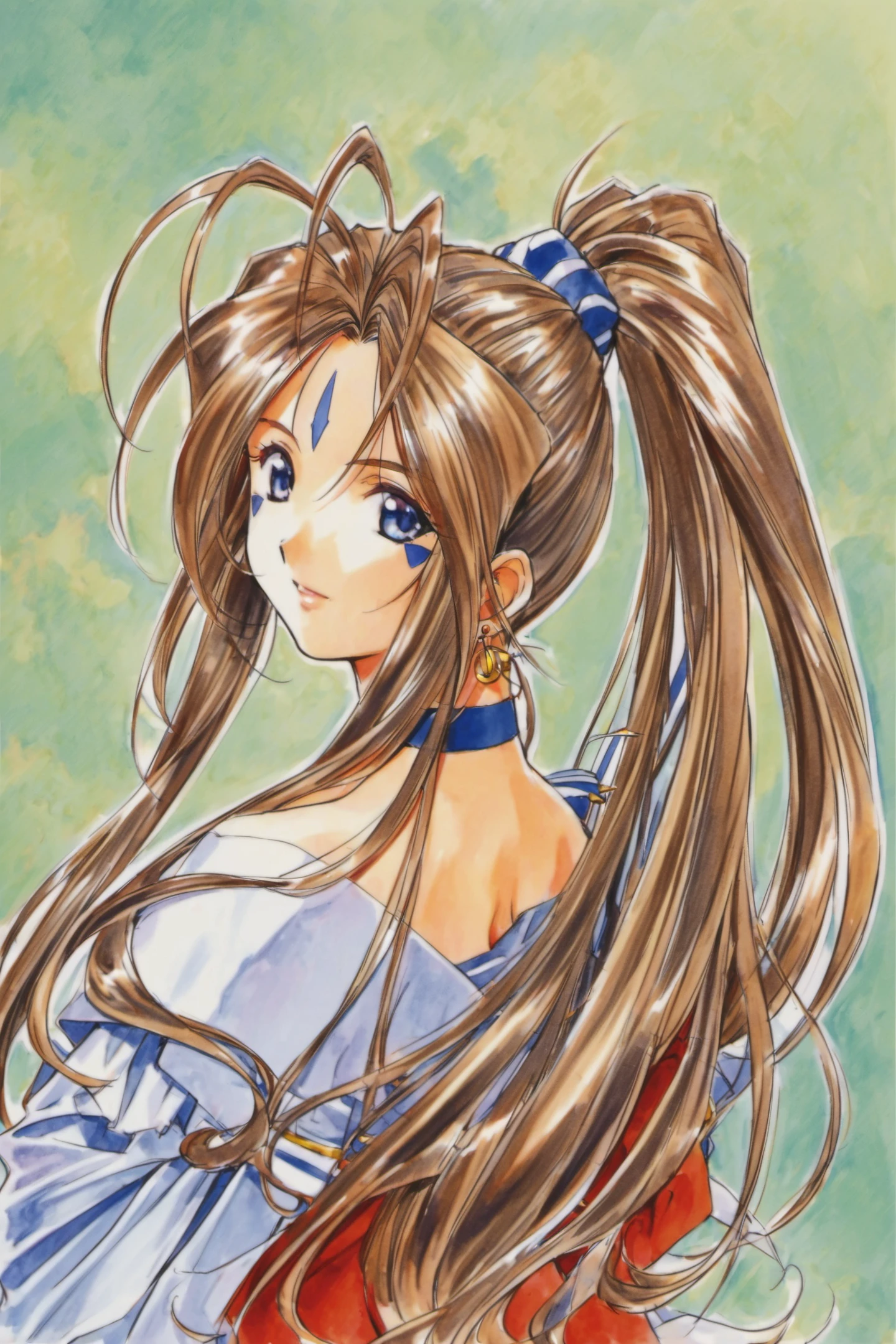 Belldandy, 1girl, solo, long hair, jewelry, brown hair, earrings, ponytail, facial mark, choker, forehead mark, looking back, traditional media, <lora:Kosuke Fujishima_XL:0.8>