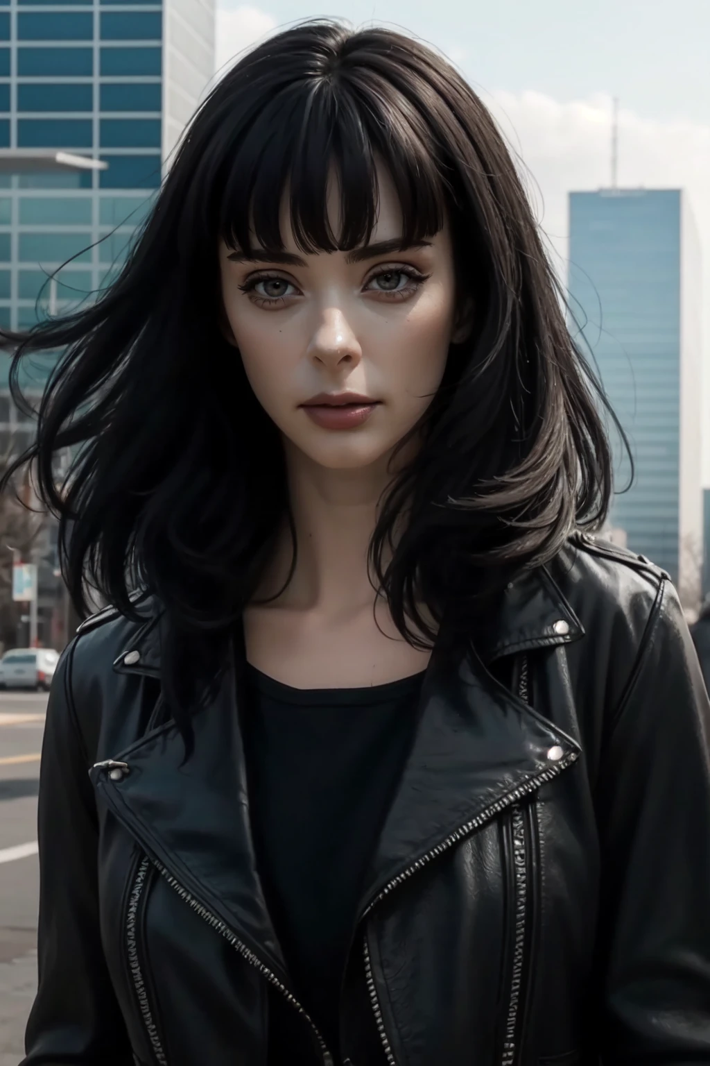 <lora:mondongo_LoRA_KrystenRitter:1> mndngwmn, bangs, (ultra realistic, 8k,high quality),(medium shot), wearing a leather jacket, on a city downtown