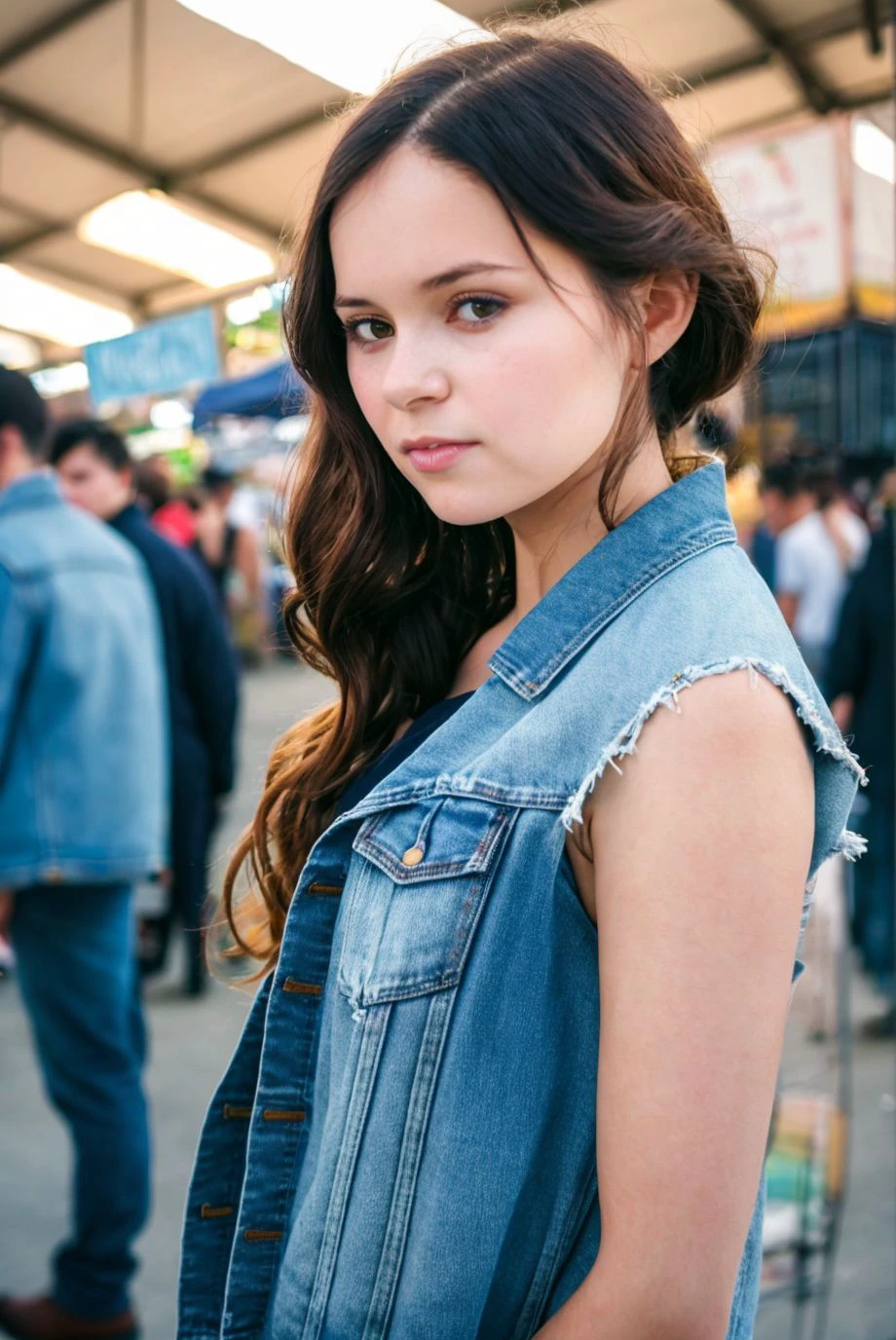 A full color portrait of a beautiful woman wearina a sundress and denim jacket, bustling flea market,closeup,epic character composition,by ilya kuvshinov, alessio albi, nina masic,sharp focus, subsurface scattering, f2, 35mm, film grain , pale <lora:jennajr:1>