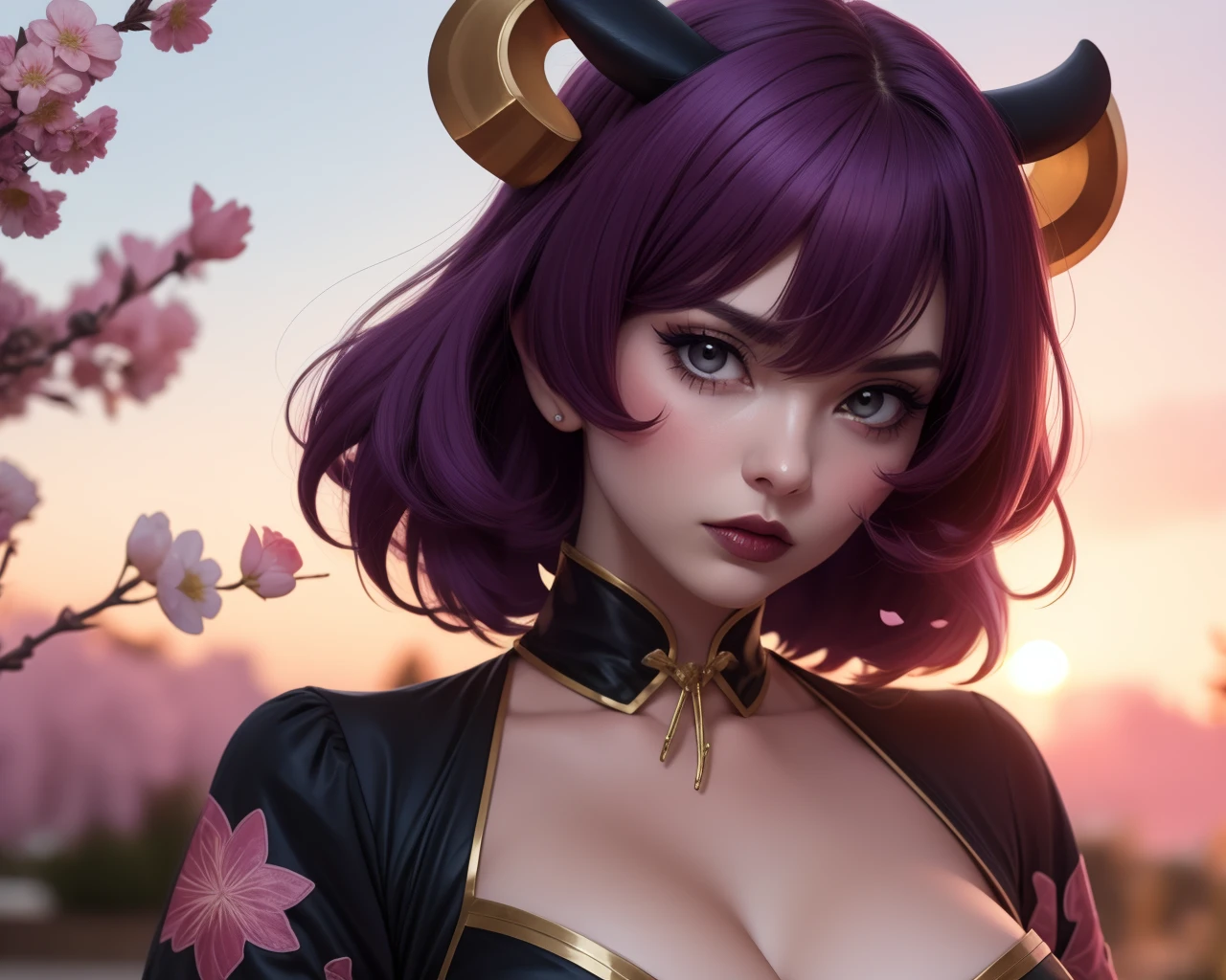 Face close-up、short hair、girl１、smile、cherry blossoms、red eyes、Open your mouth、Pink Lips、Large Breasts、Cleavage、night、Starry Sky、Hide your arms behind your body、Glowing Hair、moonlight、(looking down:1.2)、inwardly curled hair、Two horns