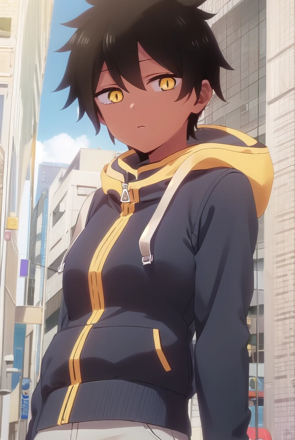 natsumikurobe, <lora:natsumi kurobe s1-lora-nochekaiser:1>,
natsumi kurobe, short hair, black hair, (yellow eyes:1.3), (slit pupils:1.5), dark skin, dark-skinned female,
BREAK jacket, pants, hood, zipper, tomboy,
BREAK outdoors, city,
BREAK looking at viewer, (cowboy shot:1.5),
BREAK <lyco:GoodHands-beta2:1>, (masterpiece:1.2), best quality, high resolution, unity 8k wallpaper, (illustration:0.8), (beautiful detailed eyes:1.6), extremely detailed face, perfect lighting, extremely detailed CG, (perfect hands, perfect anatomy),