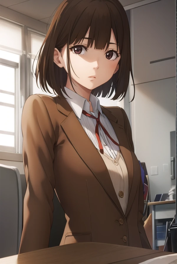 chiyokurihara, <lora:chiyo kurihara s1-lora-nochekaiser:1>,
chiyo kurihara, brown hair, (brown eyes:1.5), short hair, bangs, blunt bangs,
BREAK ribbon, school uniform, jacket, red ribbon, neck ribbon, blazer,
BREAK indoors, classroom, school,
BREAK looking at viewer, (cowboy shot:1.5),
BREAK <lyco:GoodHands-beta2:1>, (masterpiece:1.2), best quality, high resolution, unity 8k wallpaper, (illustration:0.8), (beautiful detailed eyes:1.6), extremely detailed face, perfect lighting, extremely detailed CG, (perfect hands, perfect anatomy),