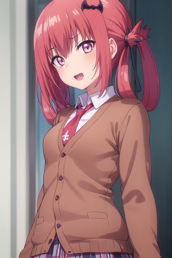 satanichiakurumizawamcdowell, <lora:satanichia kurumizawa mcdowell s1-lora-nochekaiser:1>,
satanichia kurumizawa mcdowell, hair ornament, red hair, hair rings, bat hair ornament, (pink eyes:1.3), fang, smile, open mouth, smug,
BREAK skirt, shirt, school uniform, pleated skirt, necktie, shoes, socks, collared shirt, plaid, kneehighs, black shirt, plaid skirt, cardigan, black socks, inverted cross, (brown cardigan:1.2),
BREAK indoors, classroom,
BREAK looking at viewer, (cowboy shot:1.5),
BREAK <lyco:GoodHands-beta2:1>, (masterpiece:1.2), best quality, high resolution, unity 8k wallpaper, (illustration:0.8), (beautiful detailed eyes:1.6), extremely detailed face, perfect lighting, extremely detailed CG, (perfect hands, perfect anatomy),