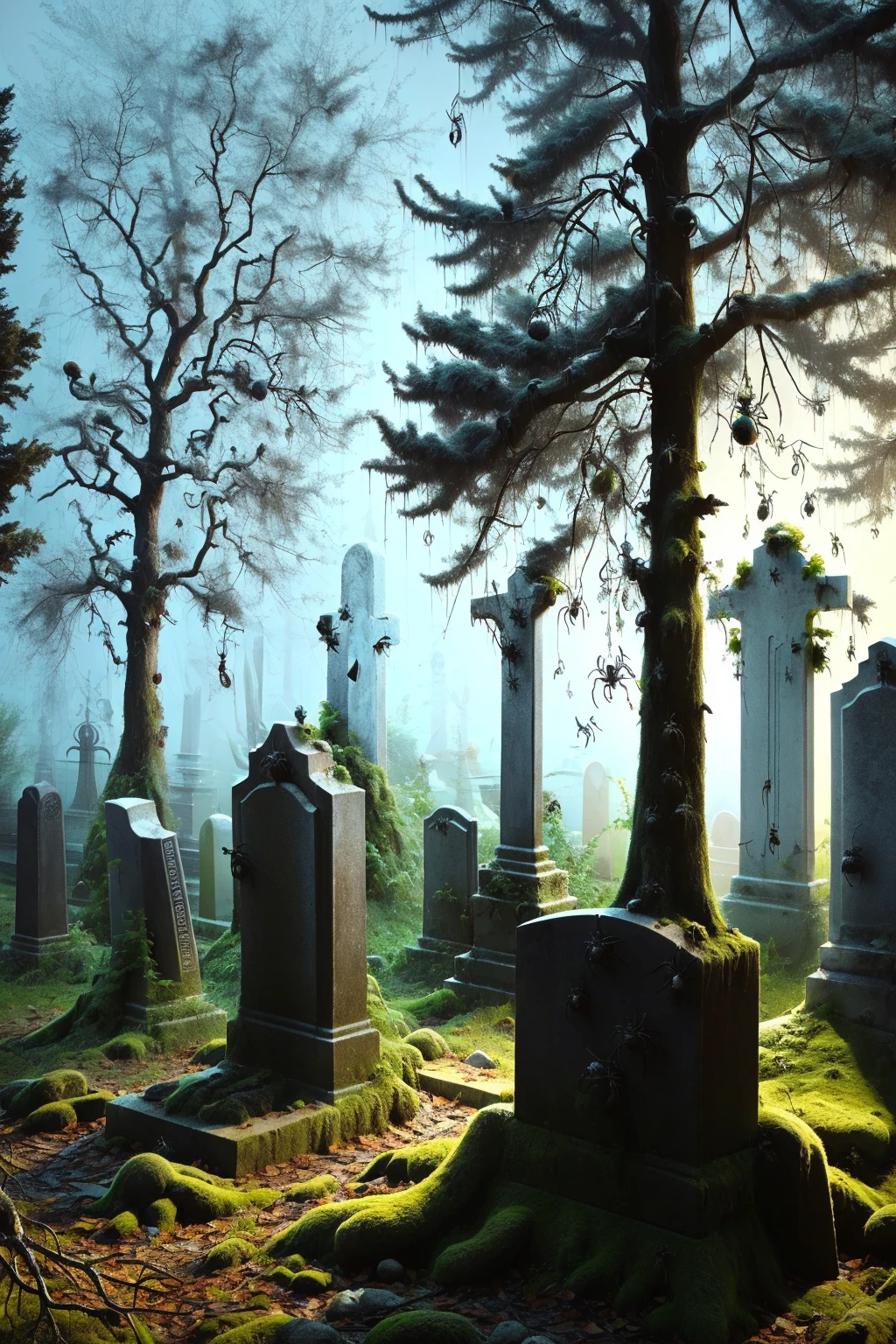 A foggy graveyard at night, with ancient tombstones and gnarled trees, ais-spiderz crawling over the graves and hanging from the branches, creating a chilling and ghostly ambiance <lora:Spiders_Style_SD1.5:1>