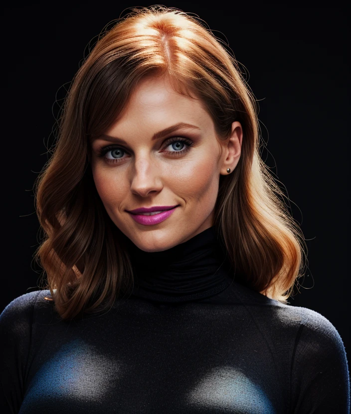 <m4r5h3>,  ((Black background)), close portrait photo, Spectacular light, 8k, soft lighting, high quality, breast, upper body, smile, Black background, (Turtleneck multicolor), Turtleneck multicolor, intricate, artist 