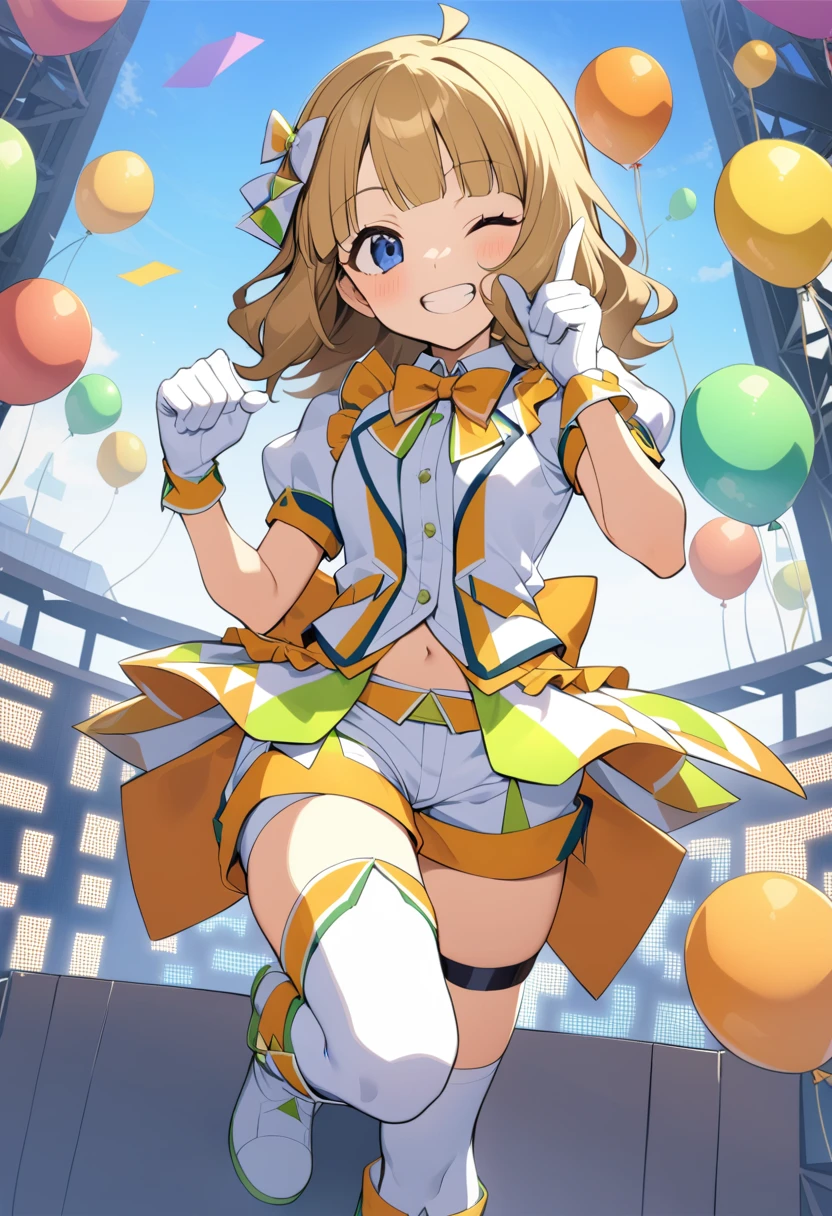 1girl, suou momoko, triangle circle, smile, one eye closed, idol, ahoge, blue eyes, thighhighs, grin, looking at viewer, idol clothes, boots, short sleeves, blush, navel, short hair, brown hair, white footwear, hair ornament, frills, ball, index finger raised, blonde hair, orange bow, hair bow, thigh strap, white legwear, single thighhigh, puffy sleeves, long hair, standing on one leg, asymmetrical legwear, standing, open mouth, white bow, midriff, closed eyes, pointing, eyebrows visible through hair, uneven legwear, leg up, wavy hair, sitting, orange neckwear, blunt bangs, closed mouth, teeth, white jacket, striped, yellow bow, knee boots, cube, holding, stage, arm up, medium hair, balloon, hand up, white shirt, collared shirt, puffy short sleeves, orange bowtie, green neckwear, yellow neckwear, back bow, hair ribbon, star hair ornament, white shorts, short shorts, white gloves, masterpiece, best quality <lora:suou_momoko_sdxl_locon_v1_1:0.7>