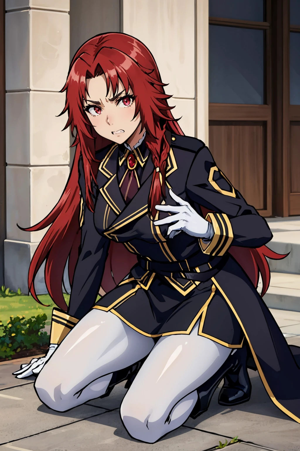masterpiece, best quality,  <lora:irismidgar-nvwls-v1-000009:0.8> iris midgar, black coat, black uniform, long sleeves, gold trim, black skirt, white pantyhose, belt, white gloves, large breasts, black boots, kneeling, on ground, looking at viewer, furrowed brow, looking at viewer, clenched teeth